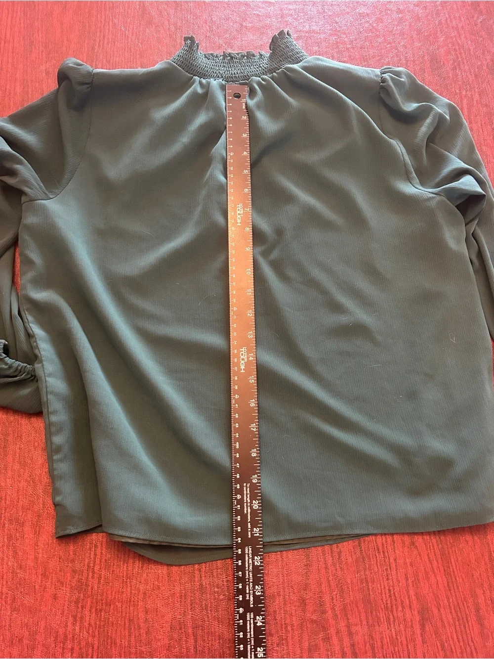 J. Crew Dark Green Smocked Neck Long Sleeve Top